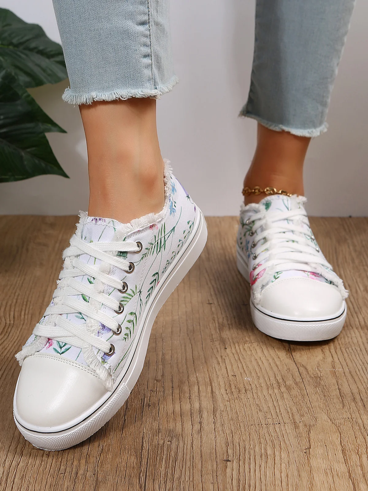 Sneakers Sports Floral Toutes Saisons Toile Antidérapante Tissu EVA Lace Up Canvas pour Femme