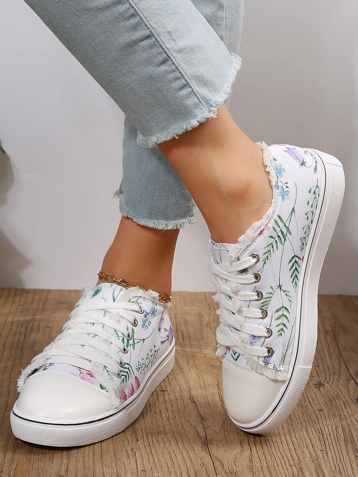 Sneakers Sports Floral Toutes Saisons Toile Antidérapante Tissu EVA Lace Up Canvas pour Femme