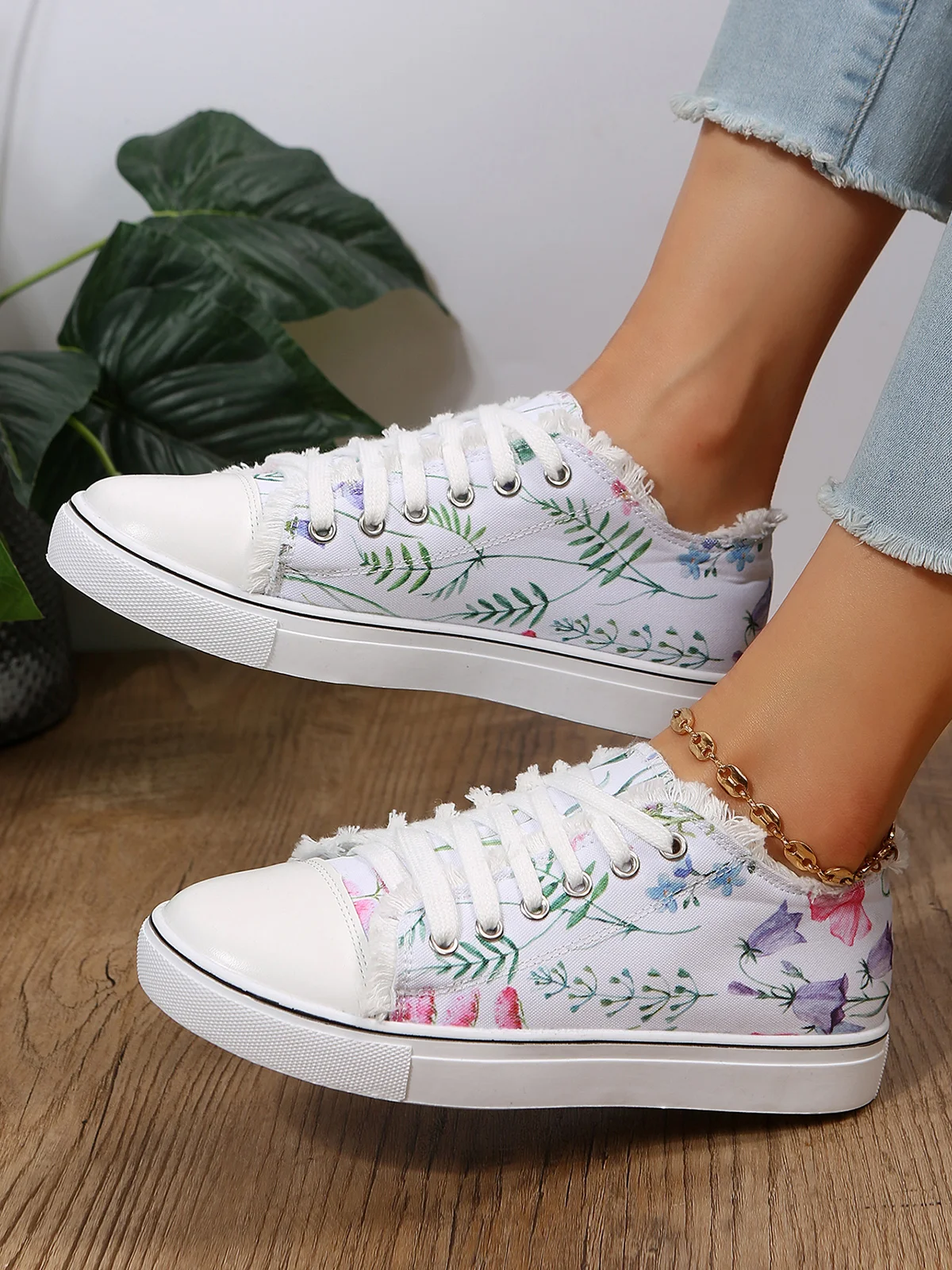 Sneakers Sports Floral Toutes Saisons Toile Antidérapante Tissu EVA Lace Up Canvas pour Femme