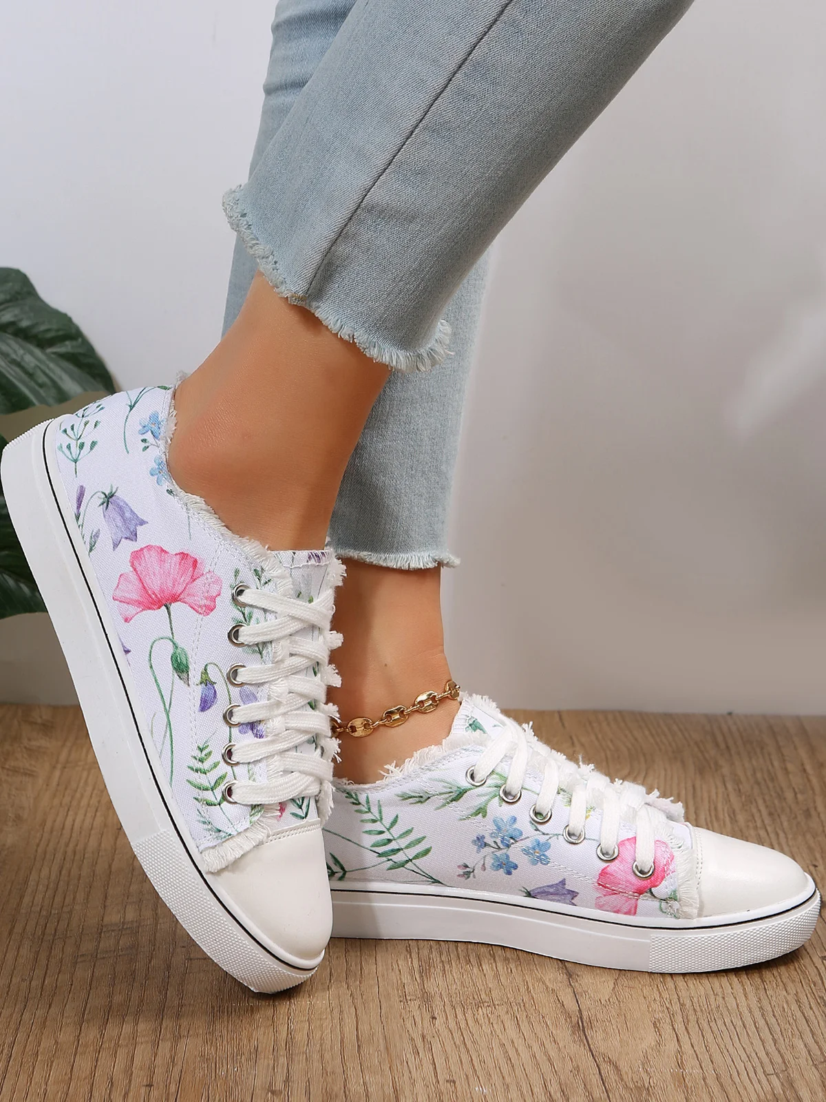 Sneakers Sports Floral Toutes Saisons Toile Antidérapante Tissu EVA Lace Up Canvas pour Femme