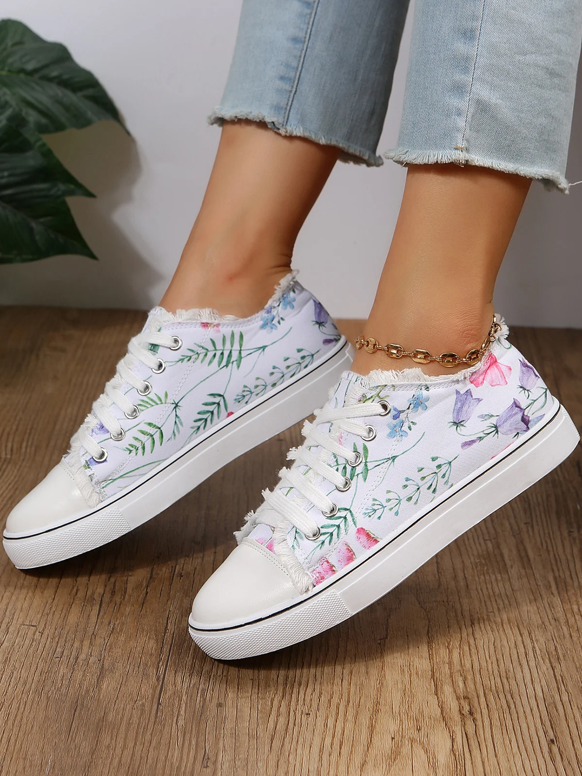 Sneakers Sports Floral Toutes Saisons Toile Antidérapante Tissu EVA Lace Up Canvas pour Femme