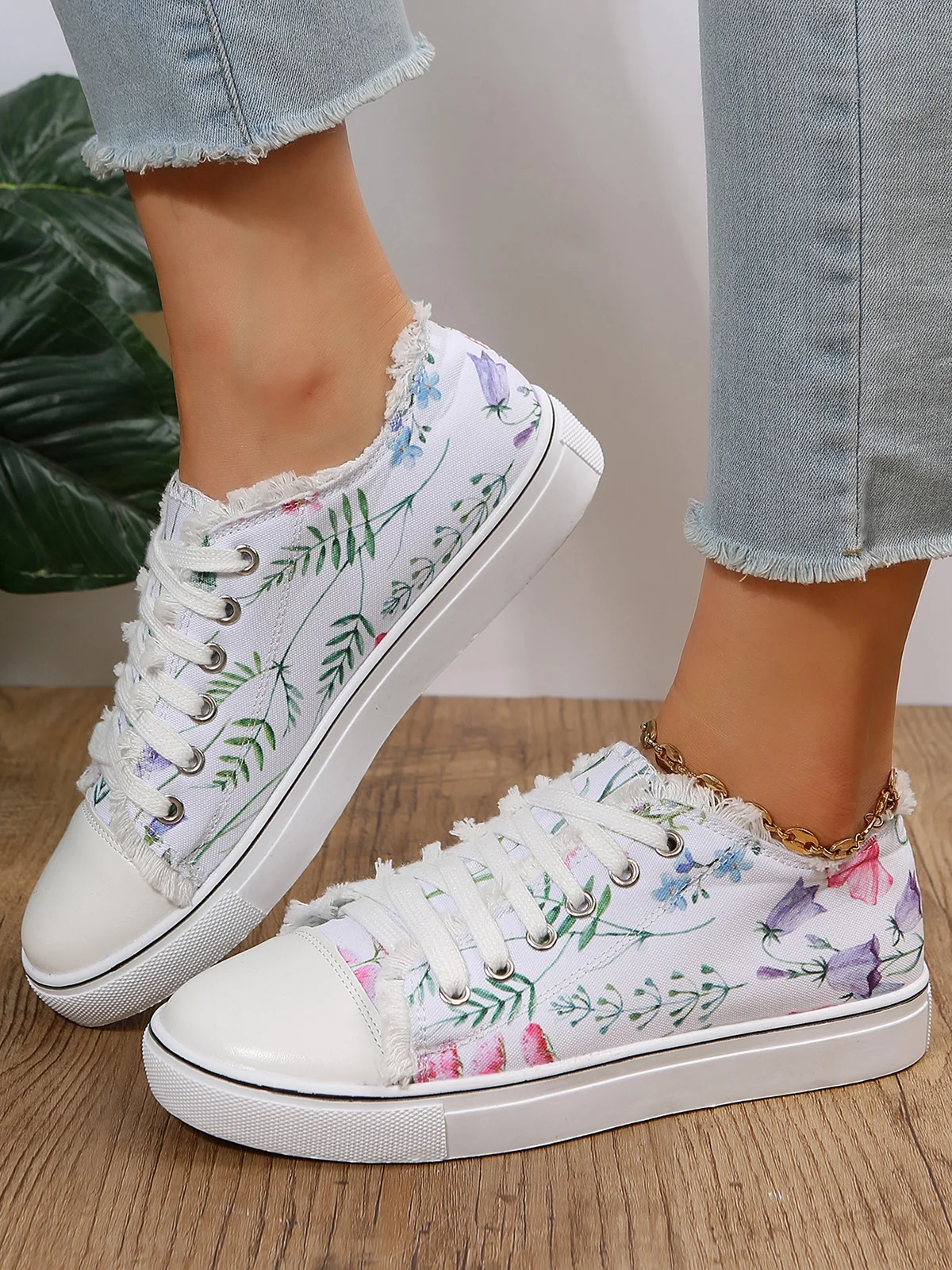 Sneakers Sports Floral Toutes Saisons Toile Antidérapante Tissu EVA Lace Up Canvas pour Femme