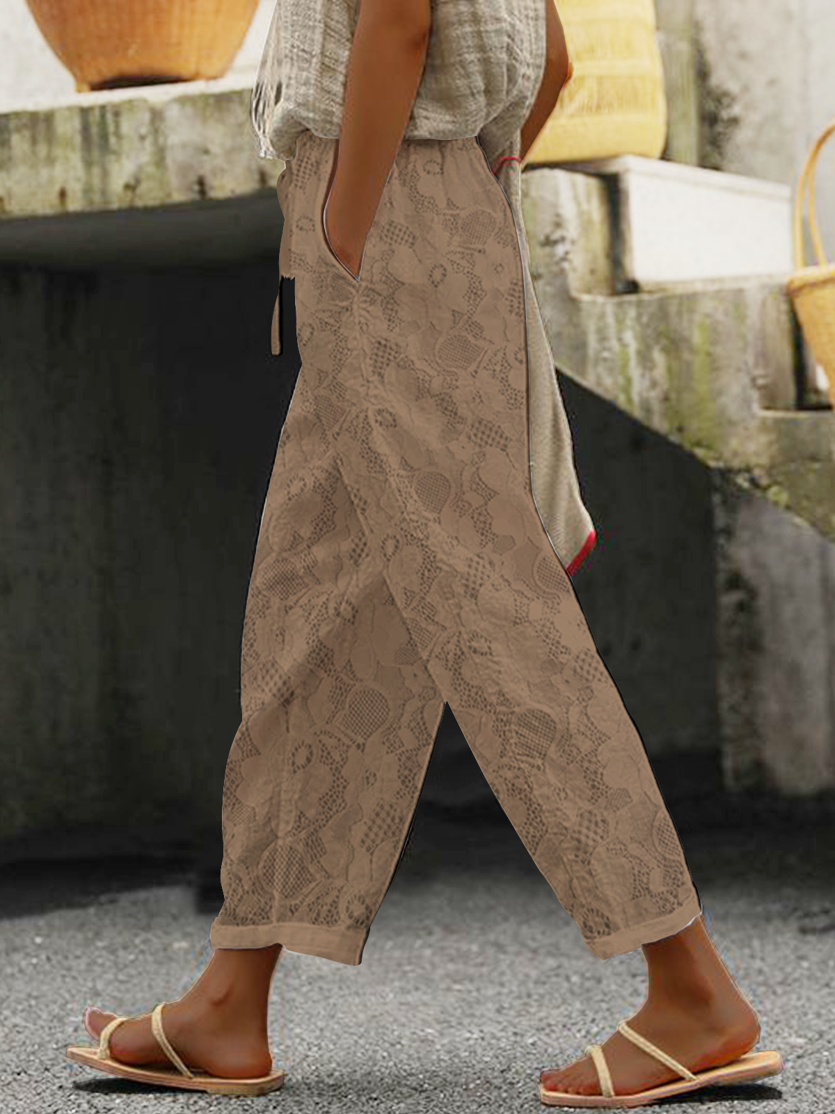 Pantalons Décontracté Floral Toutes Les Saisons Dentelle Naturel Ample Pantalon navet Ligne T Régulier pour Femmes