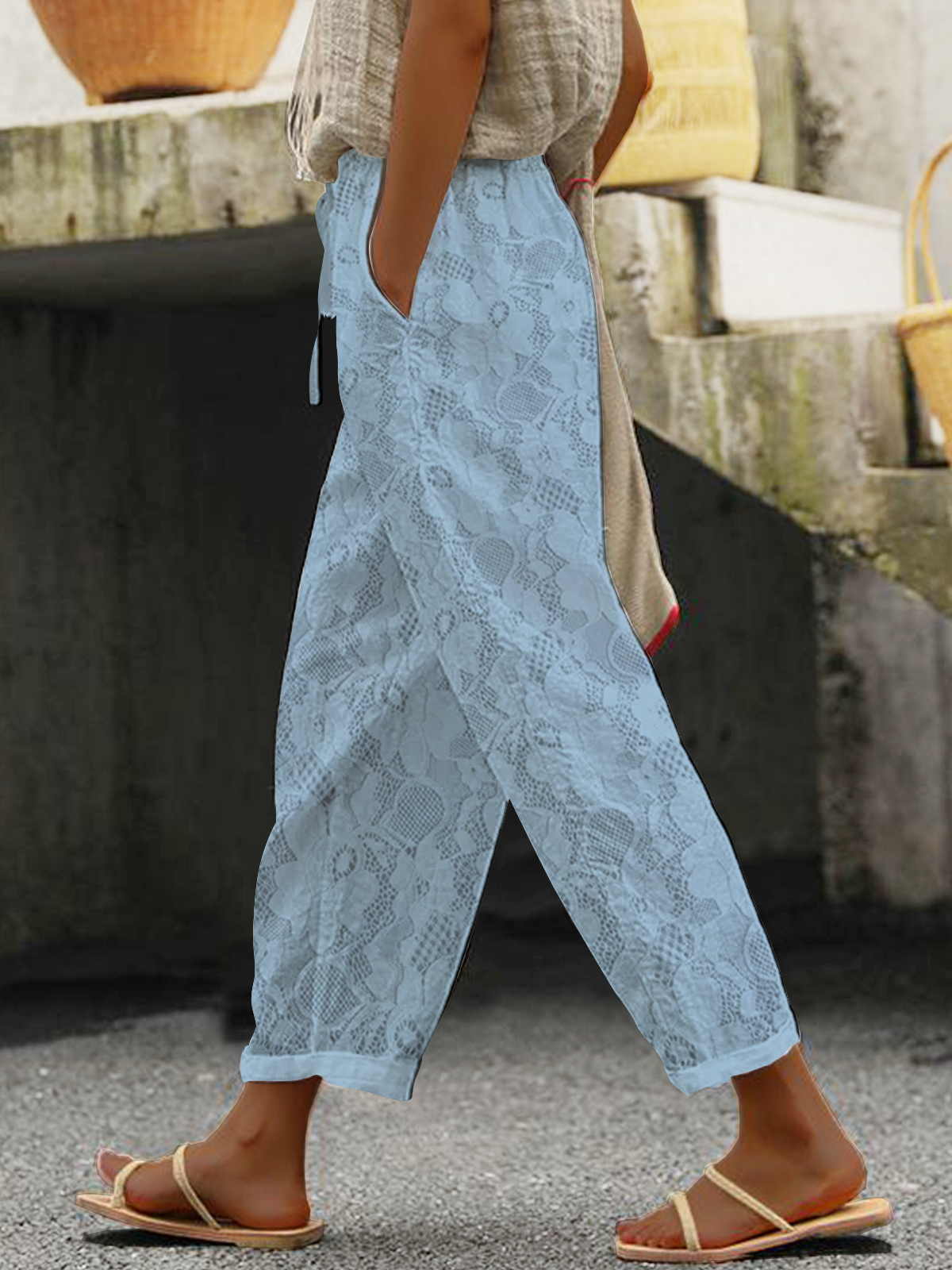 Pantalons Décontracté Floral Toutes Les Saisons Dentelle Naturel Ample Pantalon navet Ligne T Régulier pour Femmes