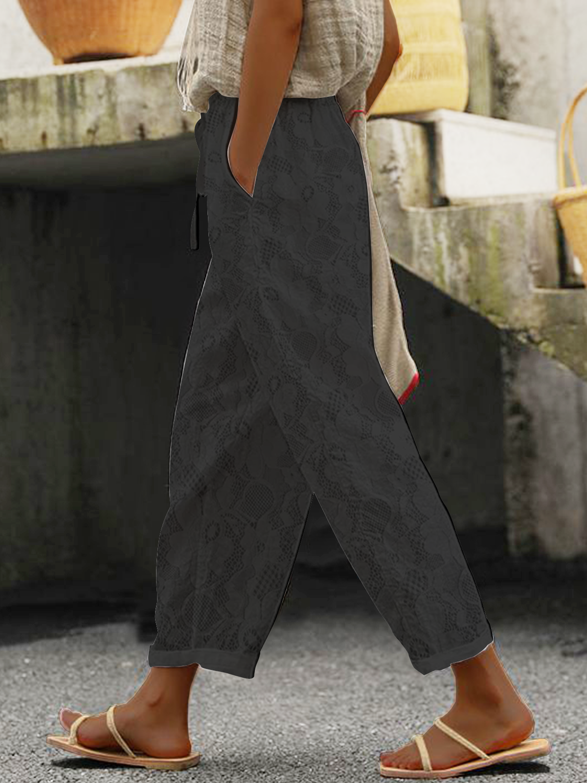 Pantalons Décontracté Floral Toutes Les Saisons Dentelle Naturel Ample Pantalon navet Ligne T Régulier pour Femmes