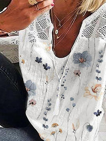 Chemises Floral Printemps / Automne en Lin en Lin Aucune élasticité Quotidien Manches 3/4 Droit Dentelle pour Femmes