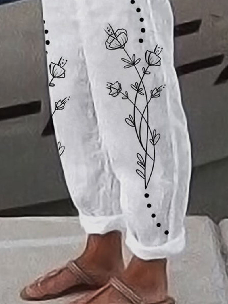 Pantalons Femmes Toutes Les Saisons en Lin Floral Motif Coton Naturel Aucune élasticité Quotidien Pantalon navet Régulier