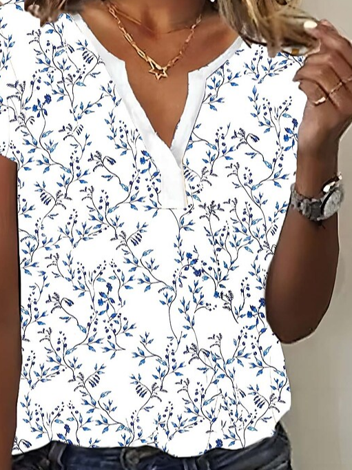 T-shirts Femmes Décontracté Floral Été Polyester Col V Ample Manches Courtes Régulier Régulier