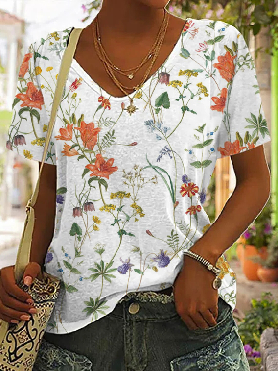 T-shirts Décontracté Floral Été Polyester Quotidien Ample Manches Courtes Régulier Droit pour Femmes