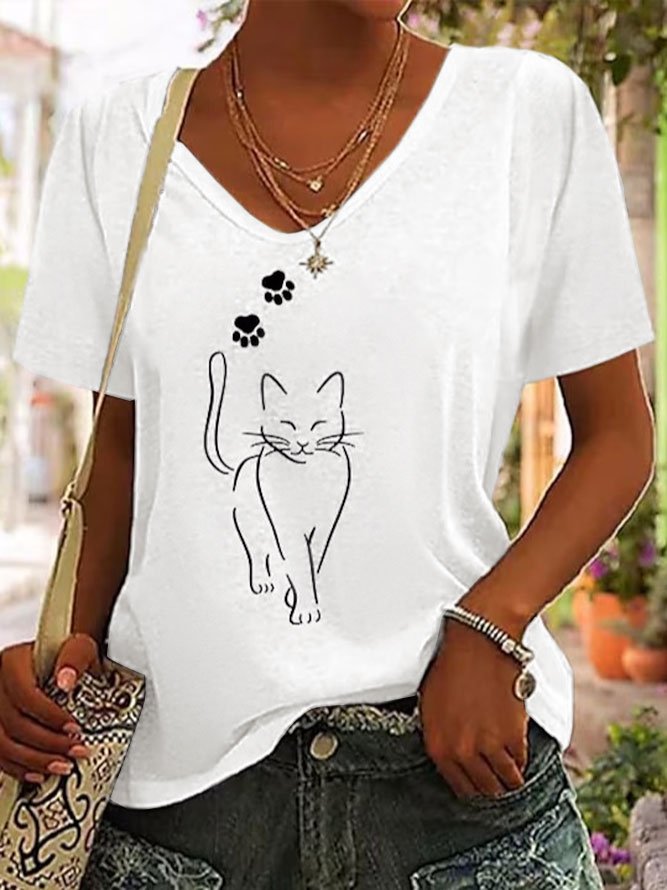 T-shirts Décontracté Été Chat Coton Micro-élasticité Quotidien Ample Régulier Droit pour Femmes