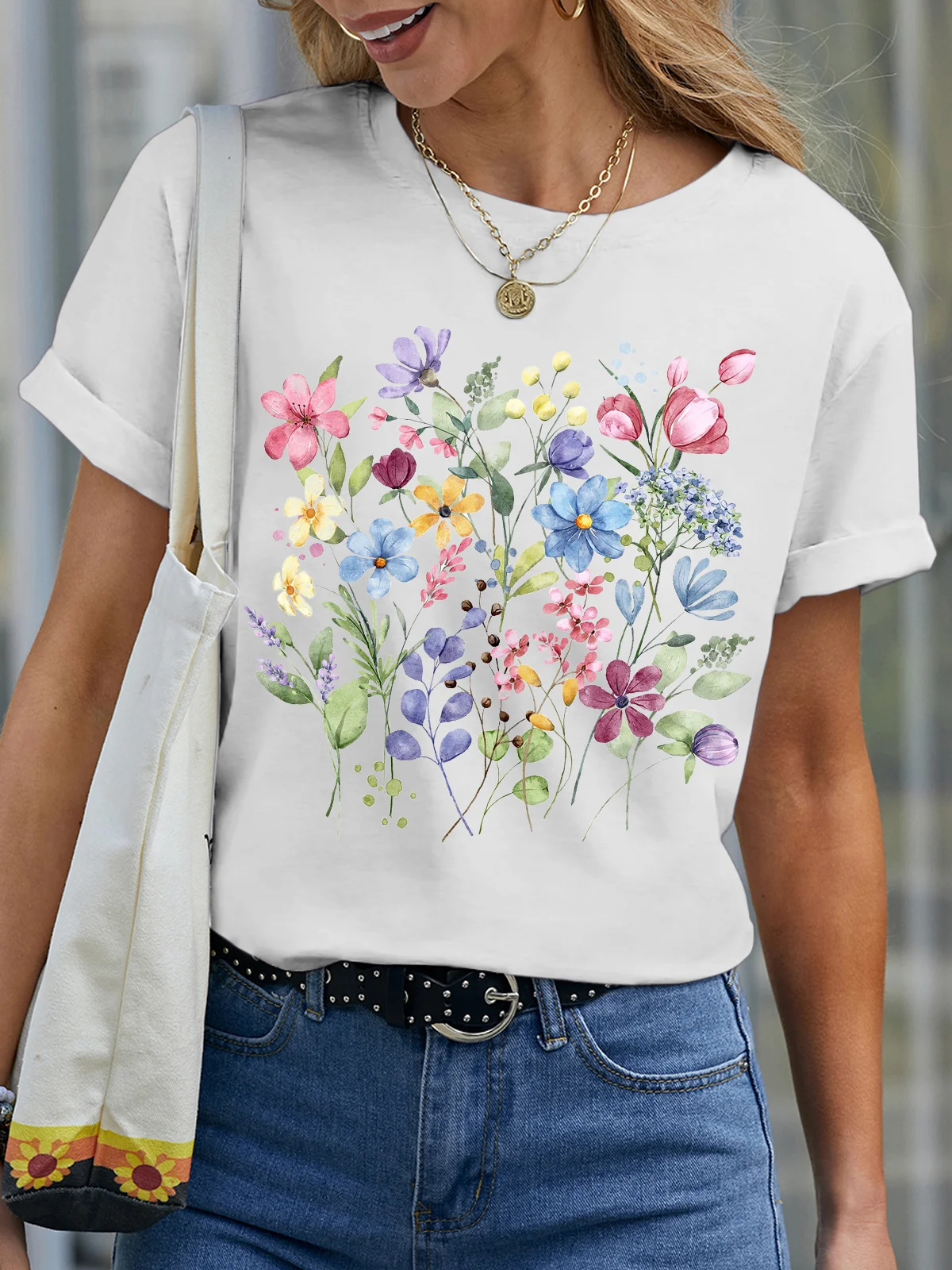 T-shirts Décontracté Floral Été Aucune élasticité Quotidien Coupe Régulière Manches Courtes Col Rond Droit pour Femmes