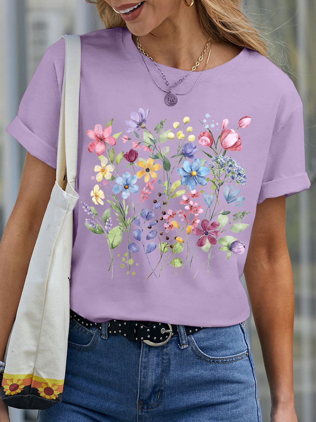 T-shirts Décontracté Floral Été Aucune élasticité Quotidien Coupe Régulière Manches Courtes Col Rond Droit pour Femmes