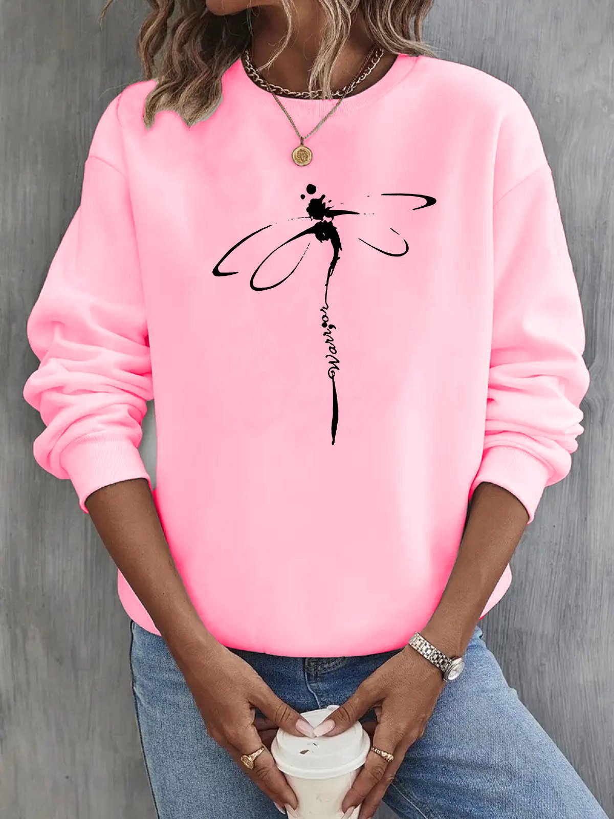 Sweat-shirts Femmes Décontracté Printemps / Automne Libellule Micro-élasticité Quotidien Pull-over Col Rond Régulier Régulier