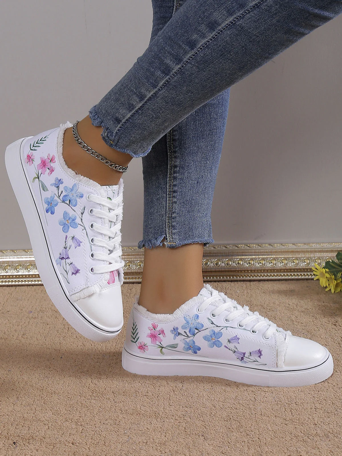 Sneakers Sports Floral Toutes Saisons Toile Antidérapante Tissu EVA Lace Up Canvas pour Femme