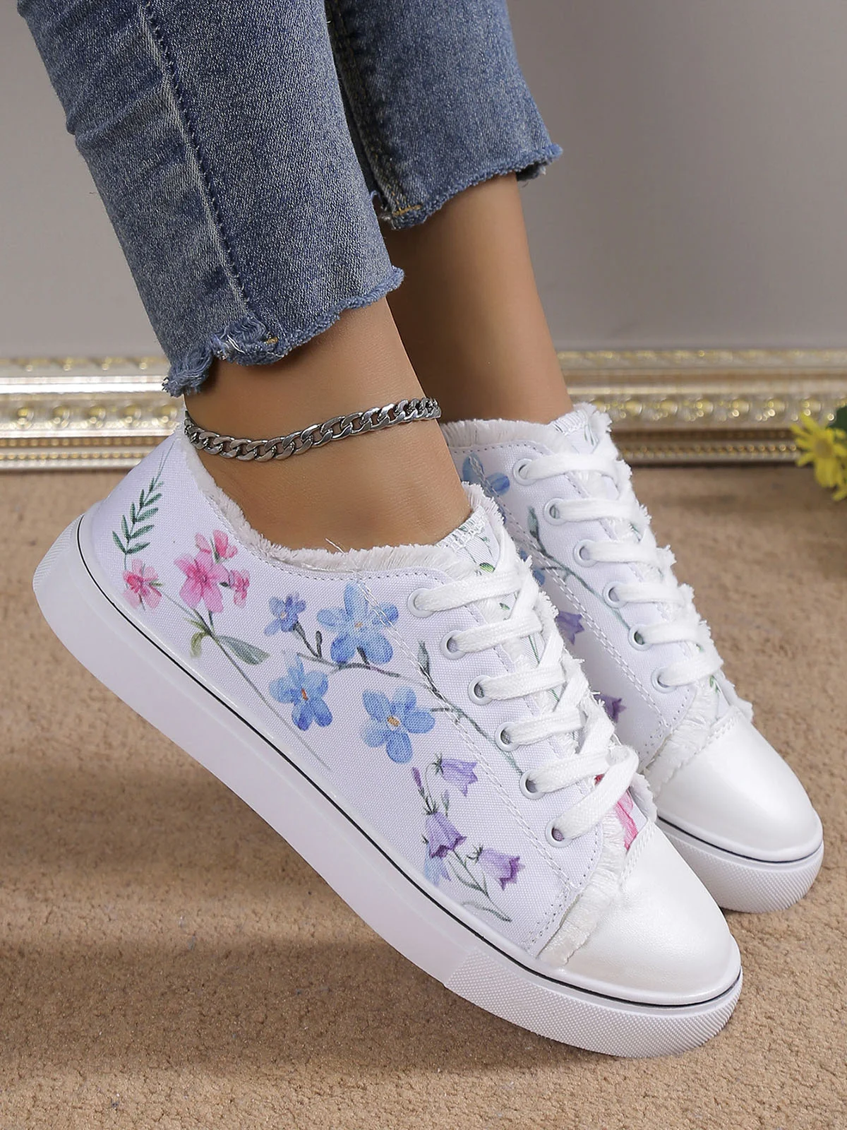 Sneakers Sports Floral Toutes Saisons Toile Antidérapante Tissu EVA Lace Up Canvas pour Femme