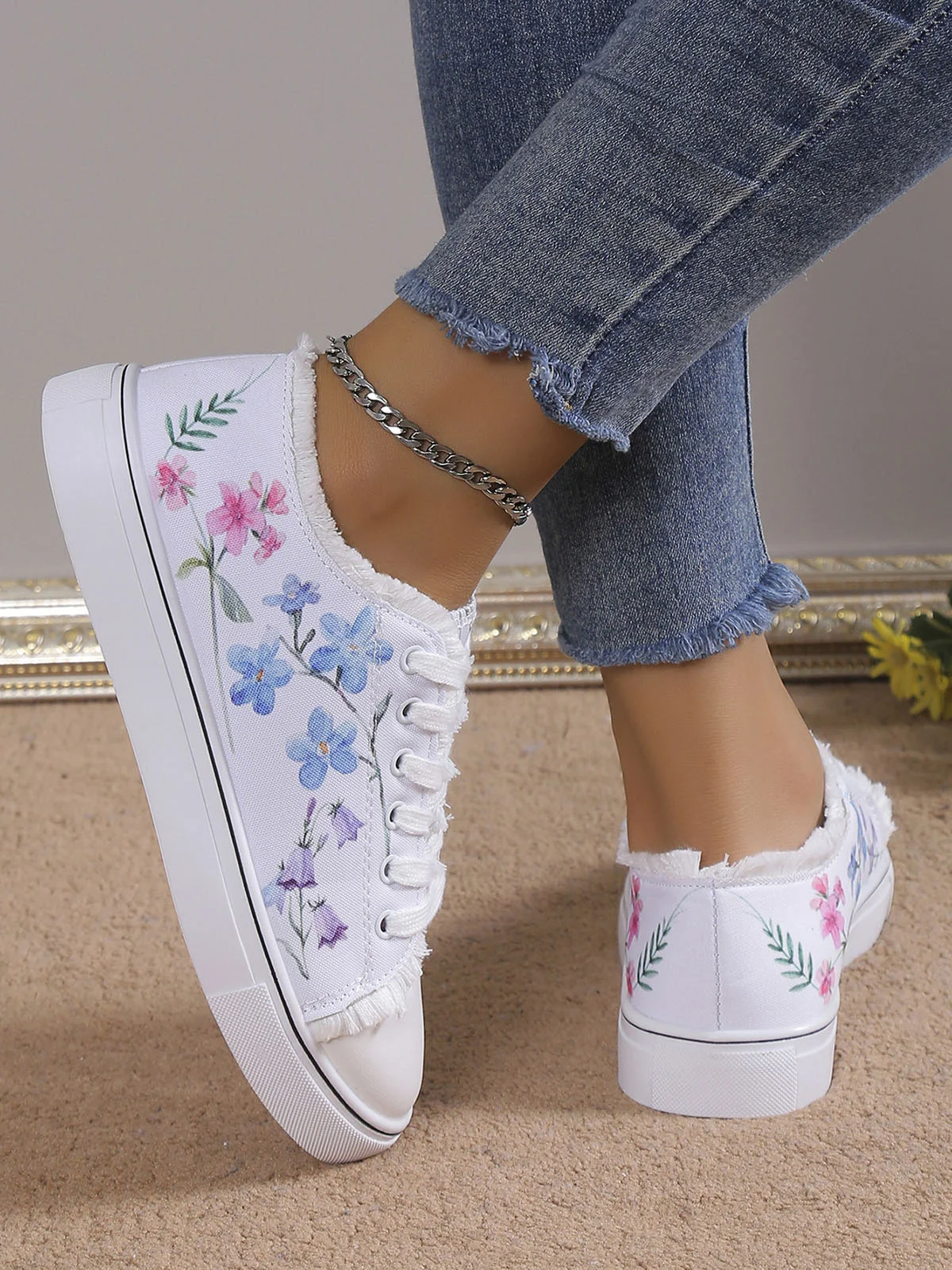 Sneakers Sports Floral Toutes Saisons Toile Antidérapante Tissu EVA Lace Up Canvas pour Femme