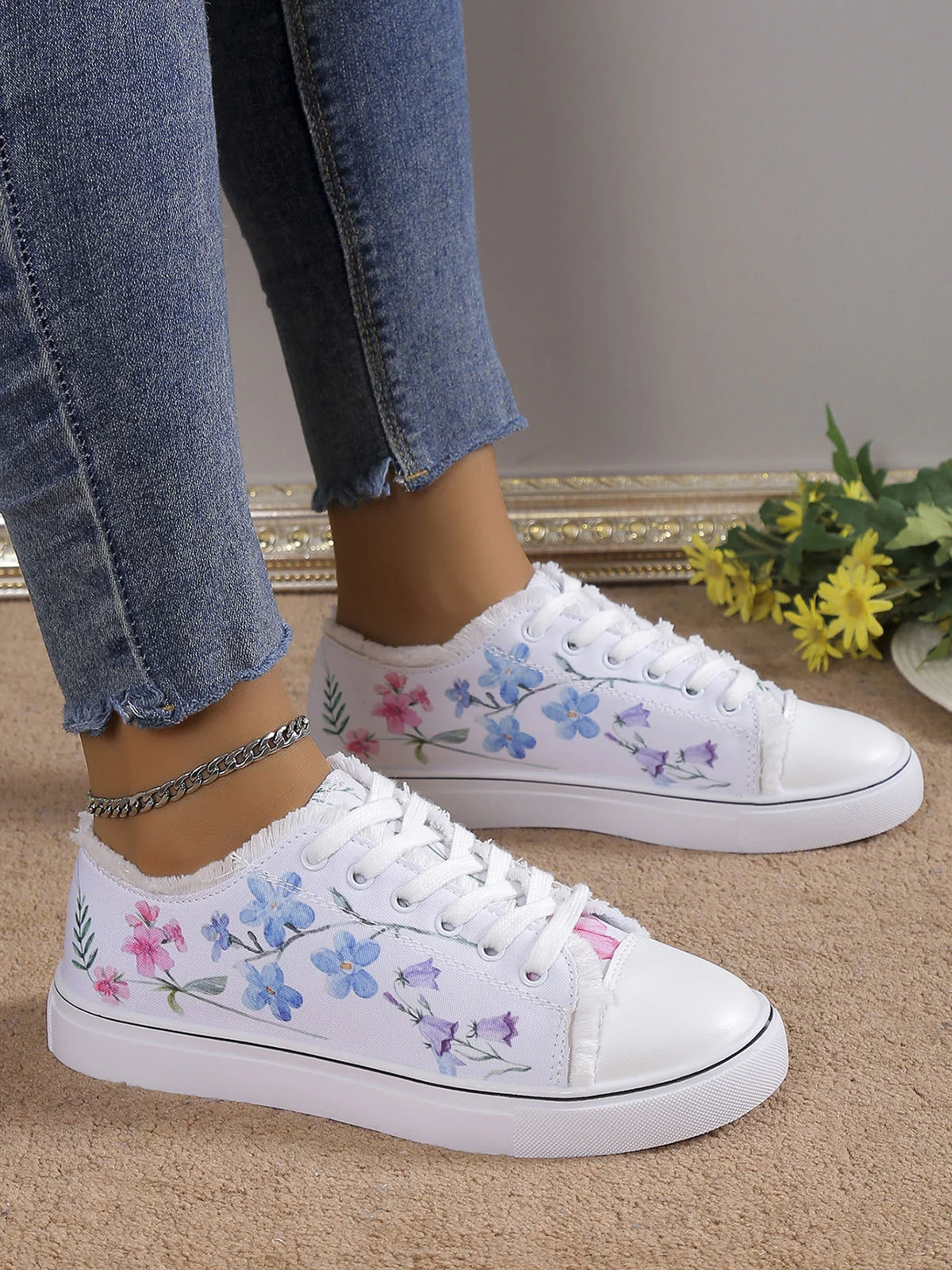 Sneakers Sports Floral Toutes Saisons Toile Antidérapante Tissu EVA Lace Up Canvas pour Femme