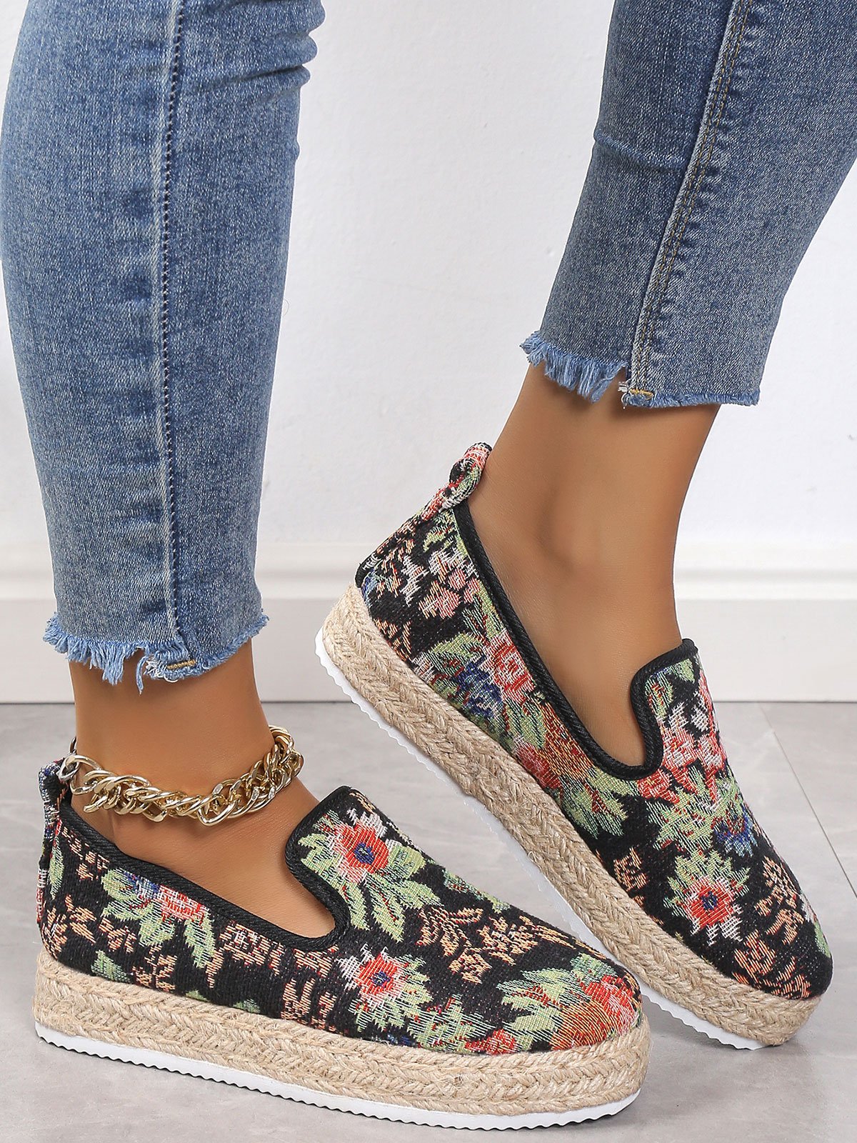 Espadrille Appartements Femmes Floral Été Vacances Tissu Tissu de Grande Taille Caoutchouc à Enfiler Augmentation de la hauteur