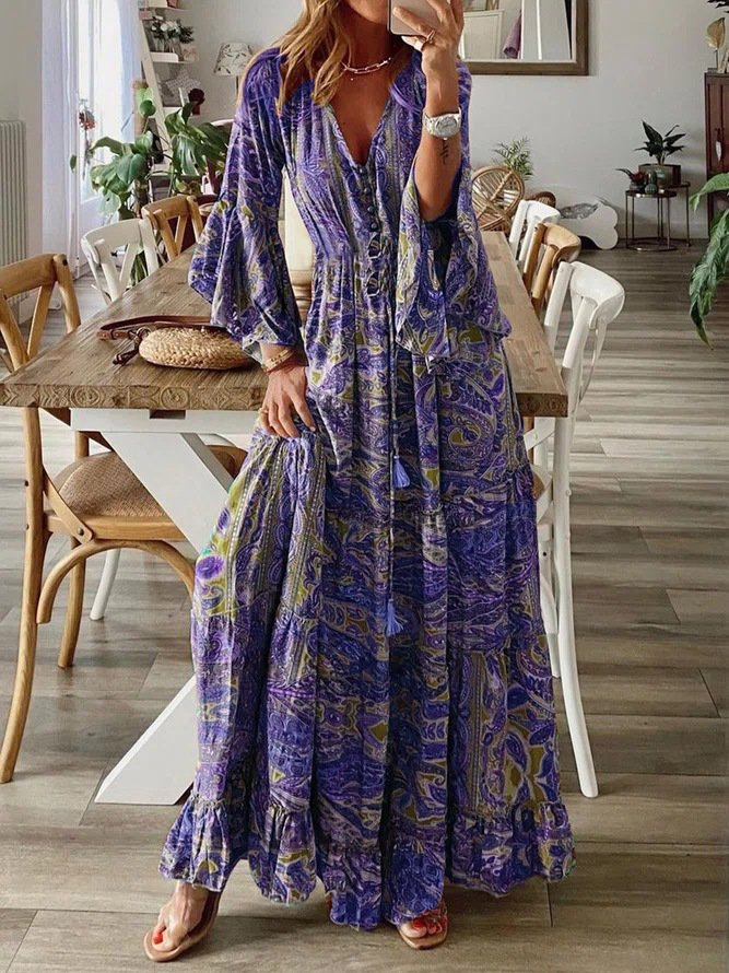 Robes Femmes Floral Boho Printemps / Automne Col V Taille Haute Manches Longues Trapèze Régulier Non