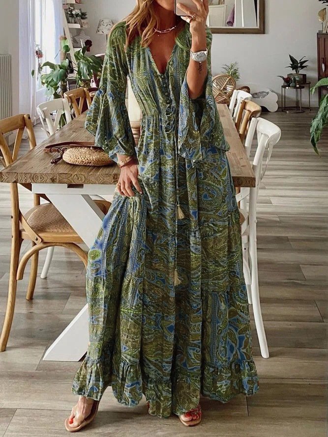 Robes Femmes Floral Boho Printemps / Automne Col V Taille Haute Manches Longues Trapèze Régulier Non