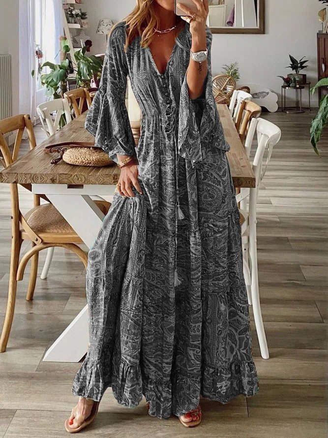Robes Femmes Floral Boho Printemps / Automne Col V Taille Haute Manches Longues Trapèze Régulier Non