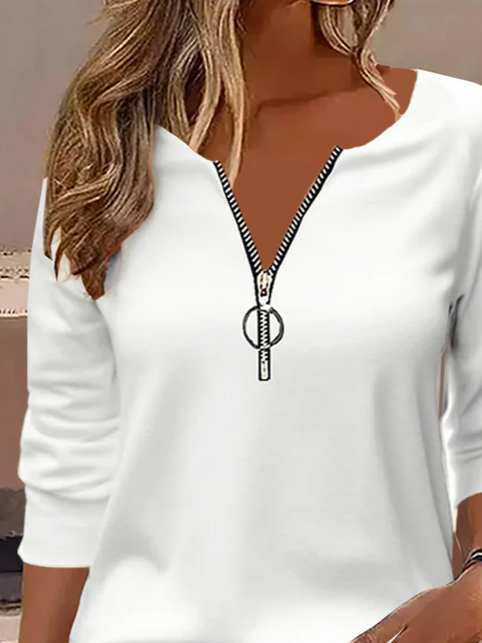 T-shirts Décontracté Plain Printemps / Automne Zip Micro-élasticité Jersey Manches Longues Col Rond Régulier pour Femmes