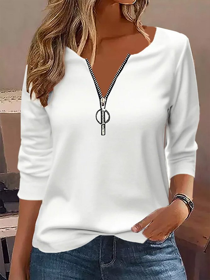 T-shirts Décontracté Plain Printemps / Automne Zip Micro-élasticité Jersey Manches Longues Col Rond Régulier pour Femmes