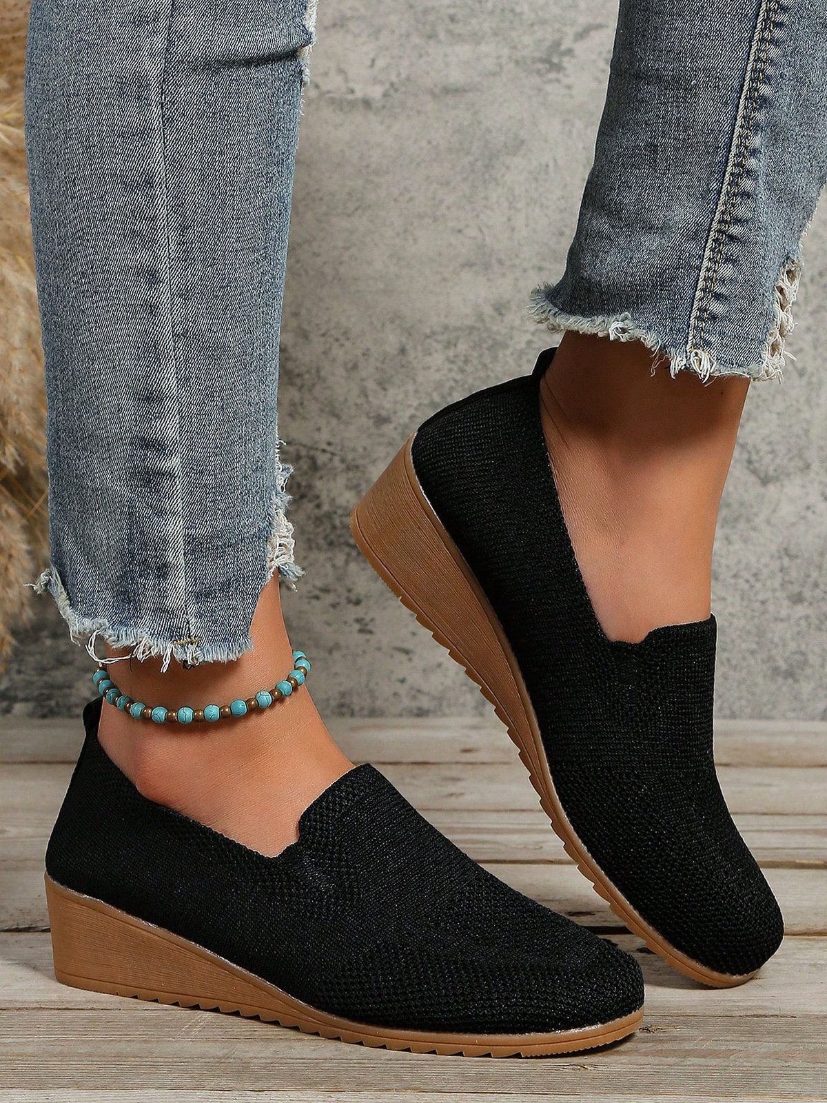 Profond bouche Unique Chaussures Femmes Décontracté Plain Toutes Les Saisons Augmentation de la hauteur Quotidien Talon de Bloc Tissu de Maille Tissu Caoutchouc