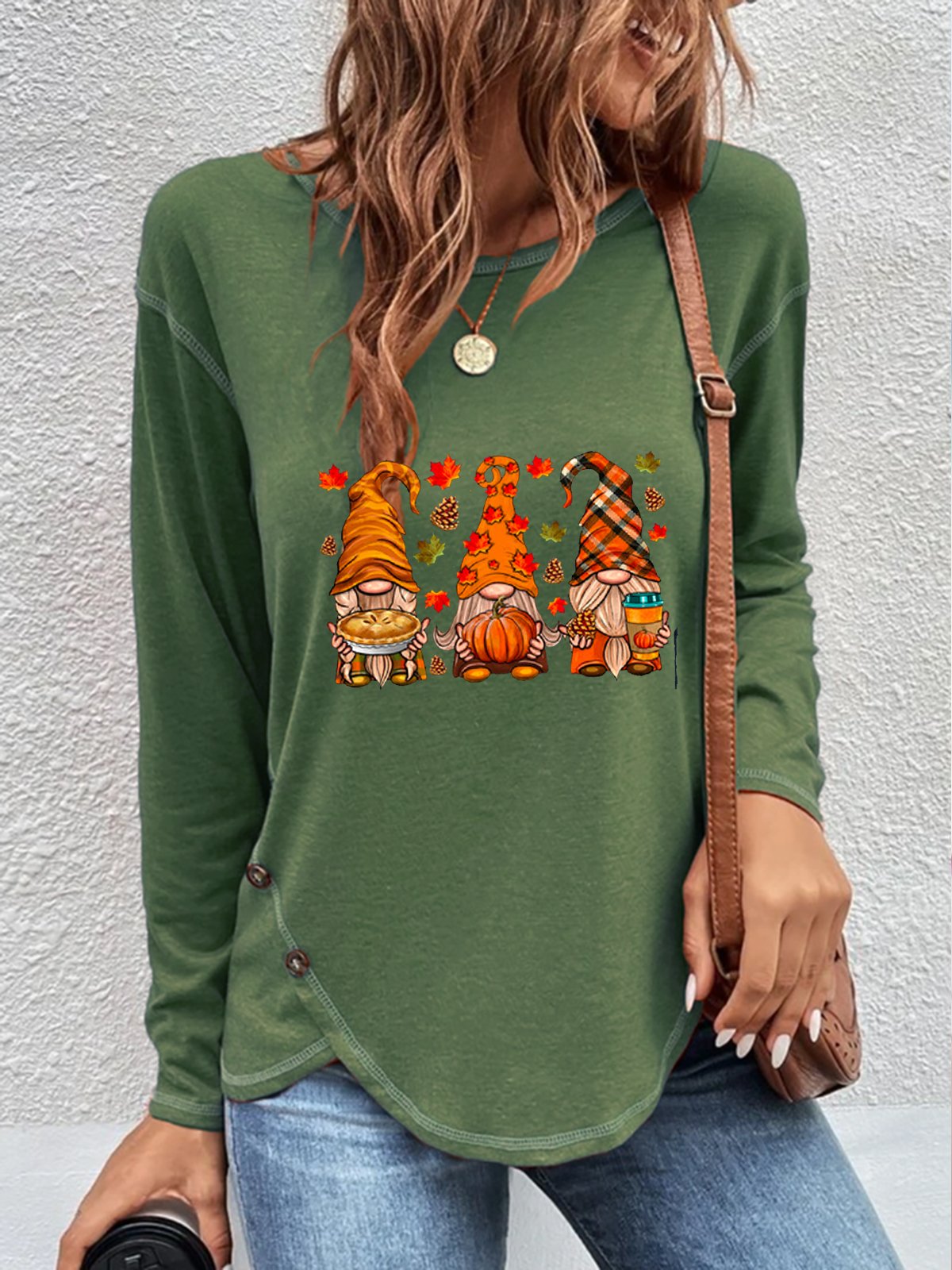 T-shirts Décontracté Printemps / Automne Toussaint Polyester Boutonné Ample Manches Longues Col Rond Régulier pour Femmes
