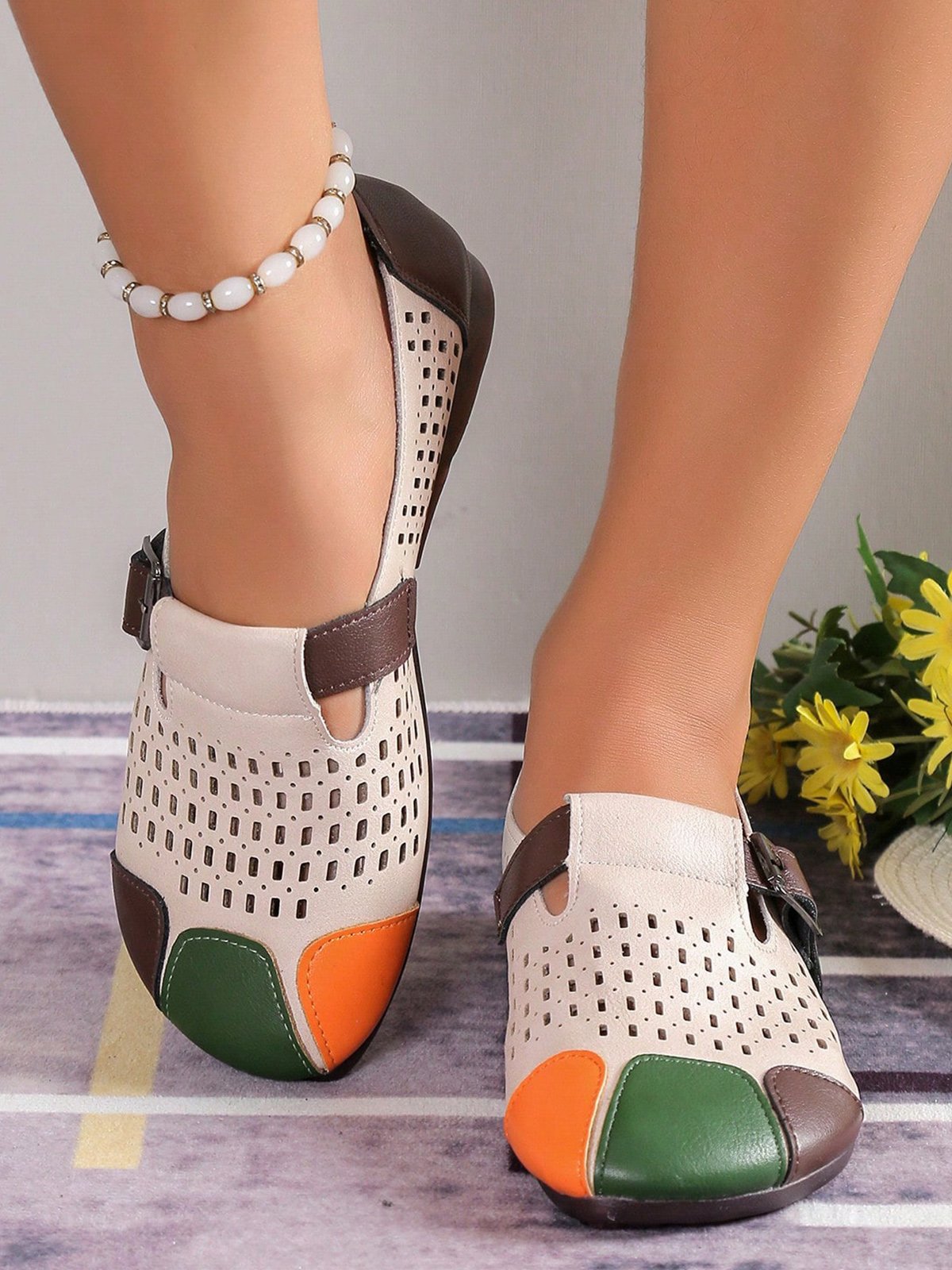 Profond bouche Unique Chaussures Rétro Bloc de Couleur Toutes Les Saisons Joint Fendu Respirable Quotidien Bout Rond PU Rétro Style pour Femmes