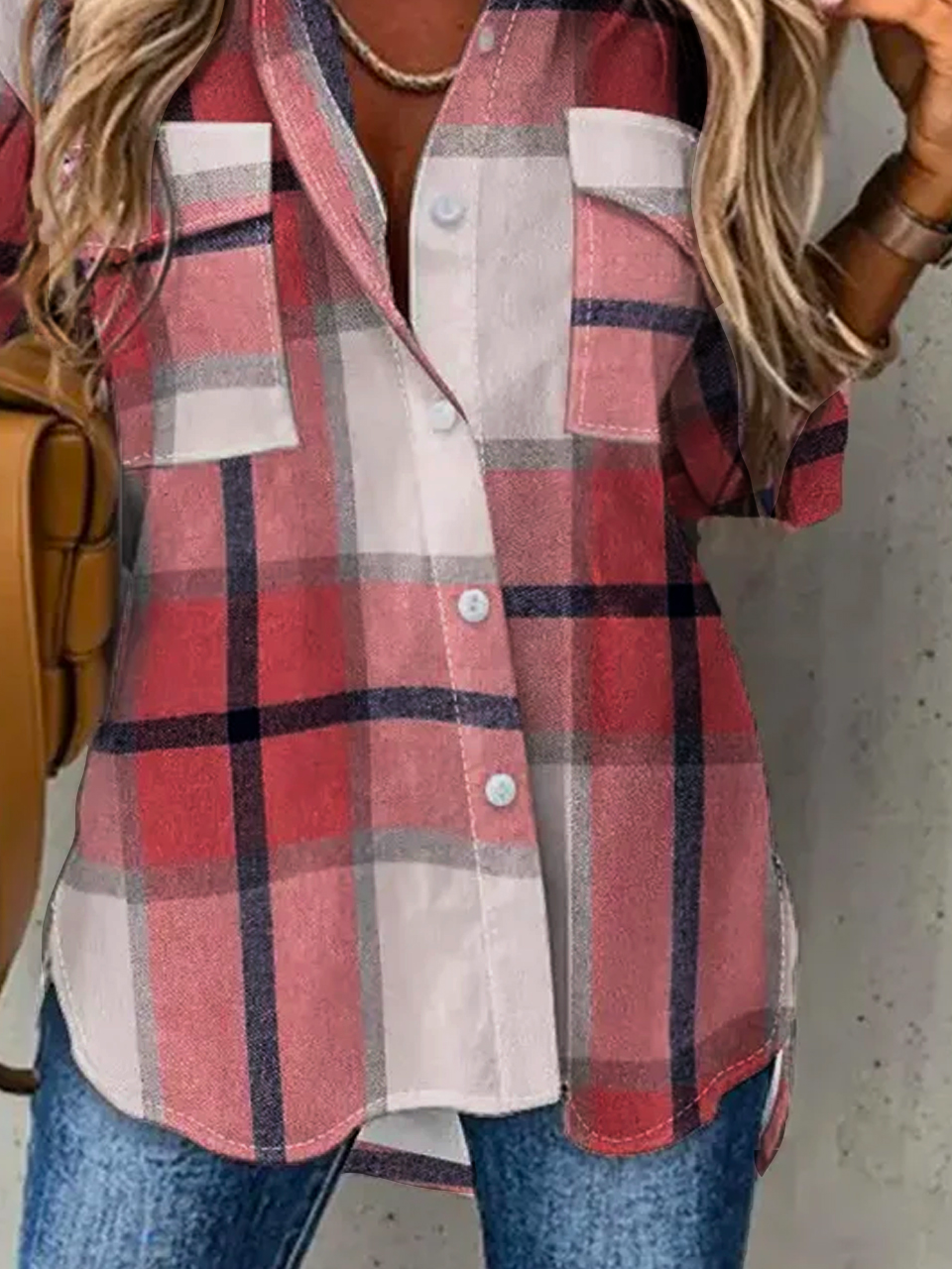 Chemises Femmes Décontracté Printemps / Automne Plaid Polyester Quotidien Ample Manches Longues Droit Col de Chemise