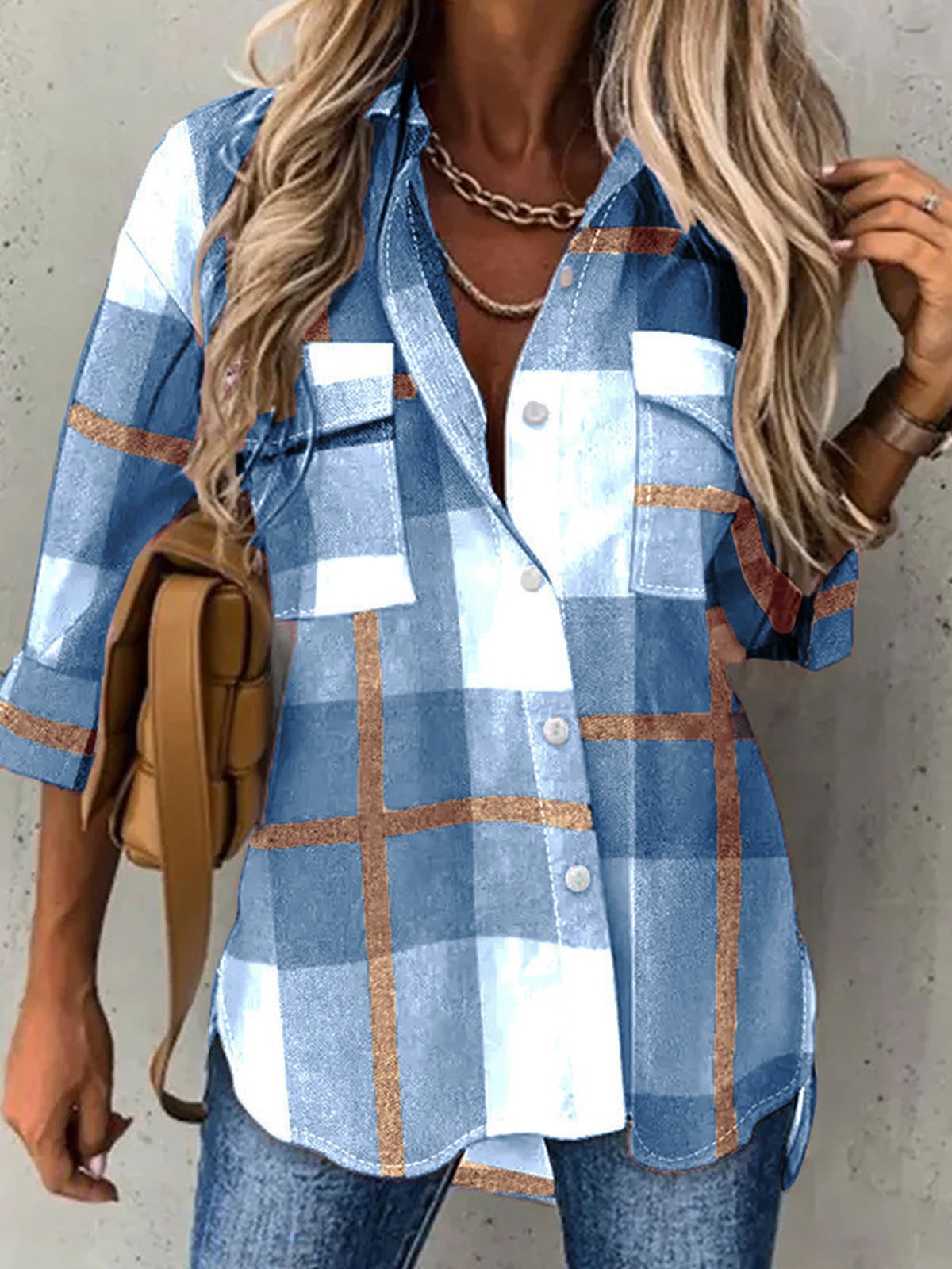 Chemises Femmes Décontracté Printemps / Automne Plaid Polyester Quotidien Ample Manches Longues Droit Col de Chemise