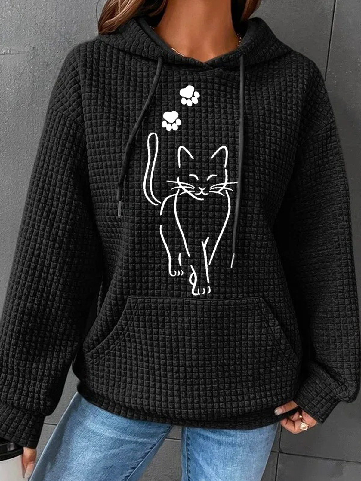 à Capuche Femmes Décontracté Printemps / Automne Chat Sweat-shirt à Capuche Poids lourd Aucune élasticité Ample en Mélangé de Coton Droit