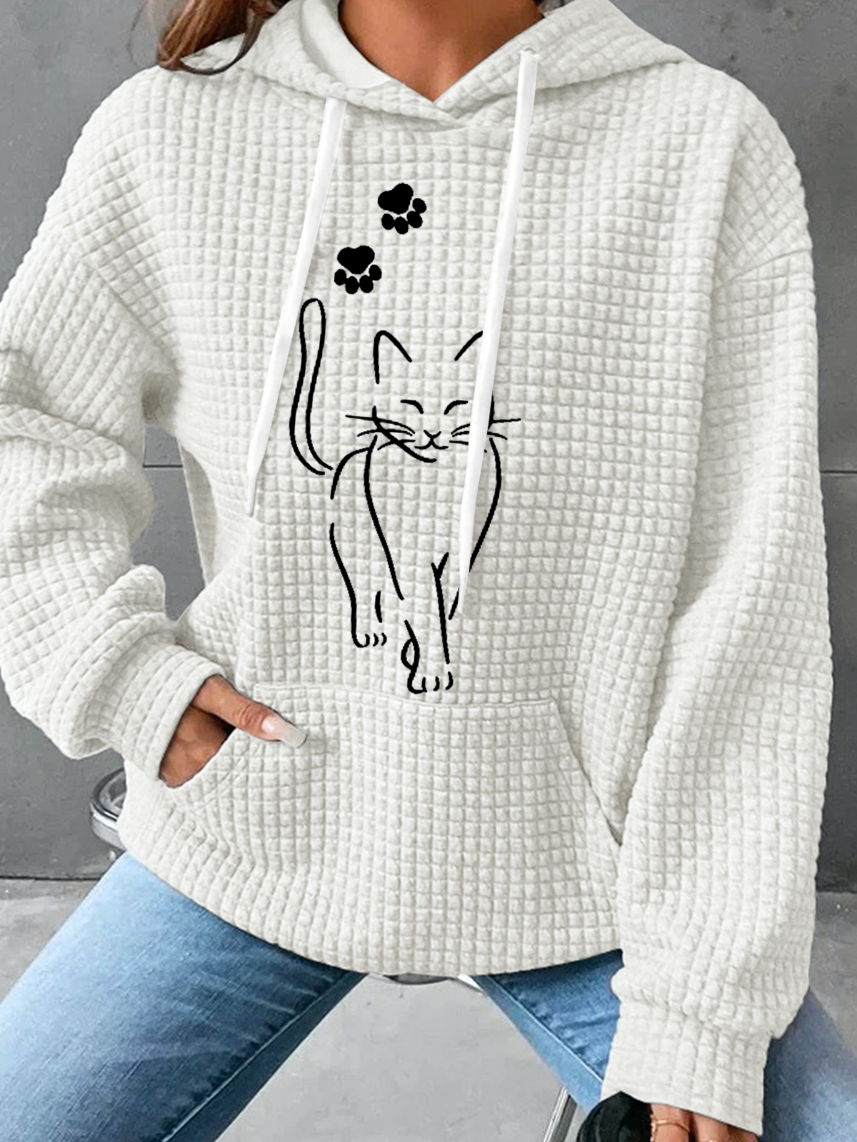 à Capuche Femmes Décontracté Printemps / Automne Chat Sweat-shirt à Capuche Poids lourd Aucune élasticité Ample en Mélangé de Coton Droit