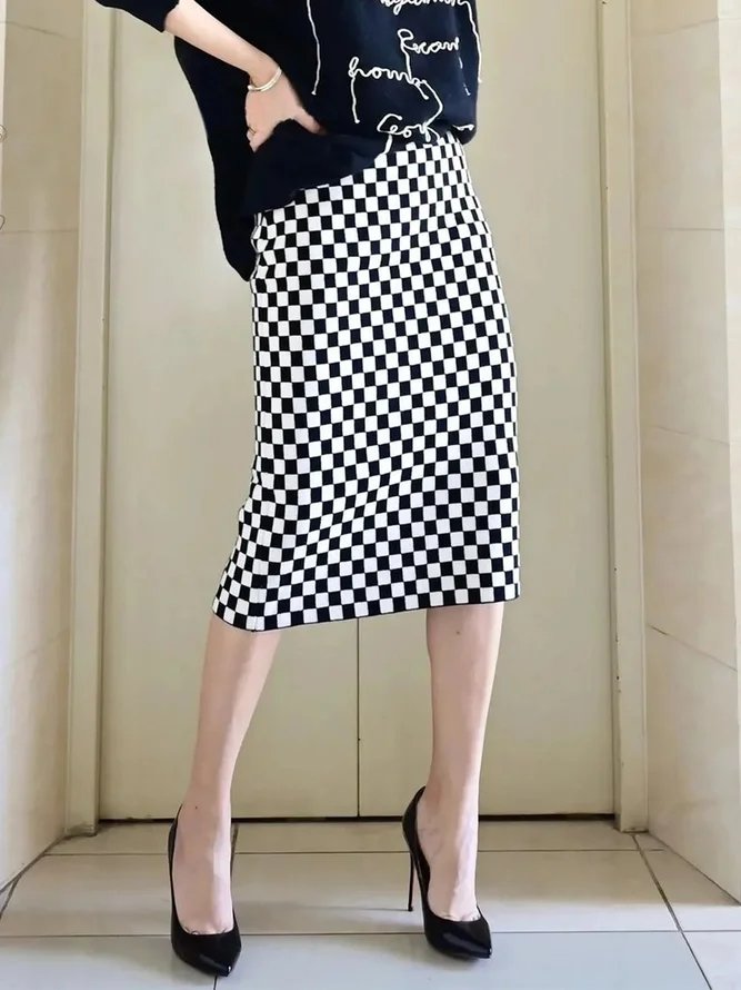 Jupes Été Élégant Noir et Blanc Bloc de Couleur Polyester Taille Haute Quotidien Ample emballage Droit pour Femmes