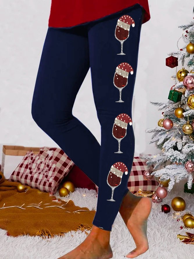 Pantalons De Yoga Femmes Décontracté Toutes Les Saisons Verre à Vin de Noël Tricoté Micro-élasticité Vacances Noël Legging Régulier