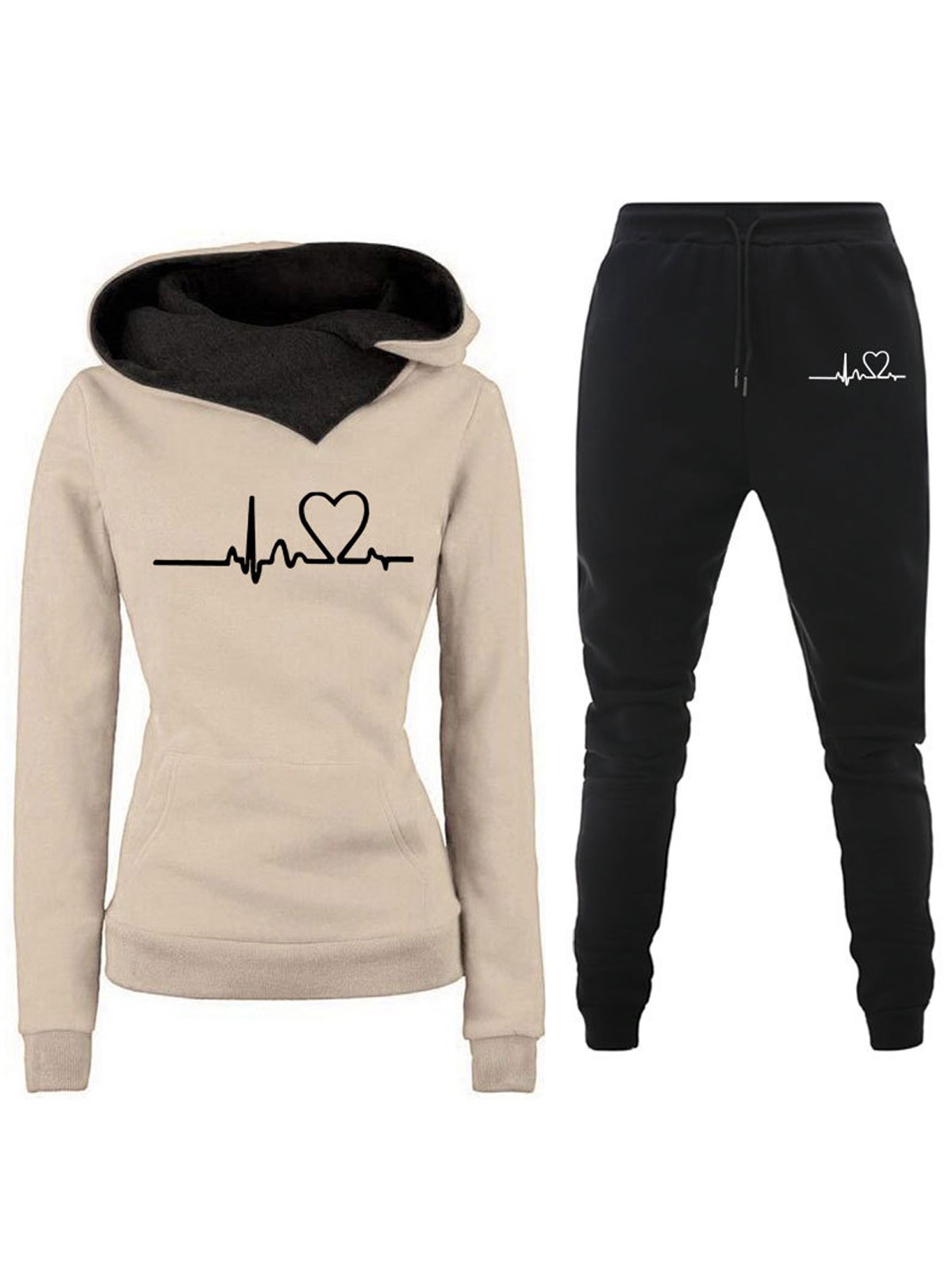 Deux Pièces Ensembles Femmes Décontracté Printemps / Automne Lettres de texte Sweat-shirt à Capuche Naturel Ample Manches Longues Top Avec Pantalons Droit