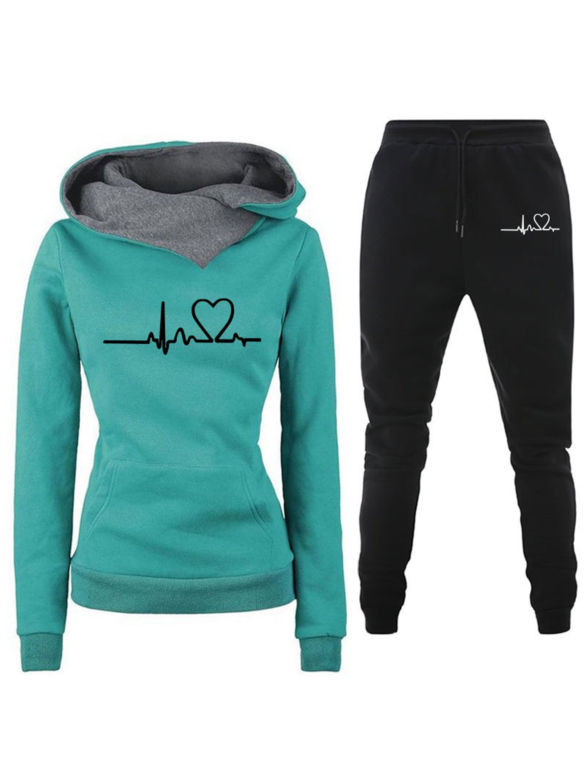 Deux Pièces Ensembles Femmes Décontracté Printemps / Automne Lettres de texte Sweat-shirt à Capuche Naturel Ample Manches Longues Top Avec Pantalons Droit