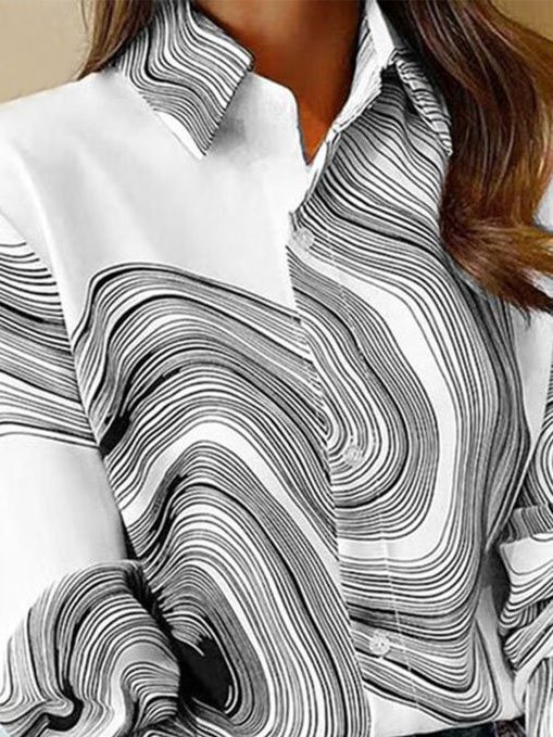 Blouses Décontracté Printemps / Automne Abstrait Rayé Polyester Quotidien Ample Manches Longues Régulier Col de Chemise pour Femmes