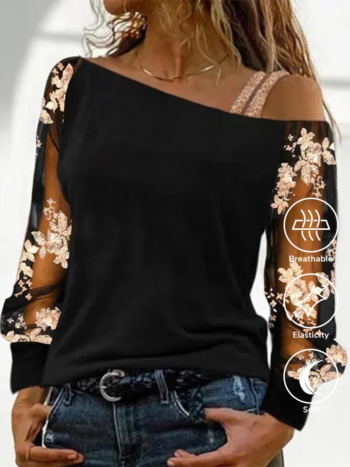 Chemises Floral Printemps / Automne Élégant Une Épaule Dénudée Manches Longues Régulier Droit Régulier Élasticité moyenne pour Femmes
