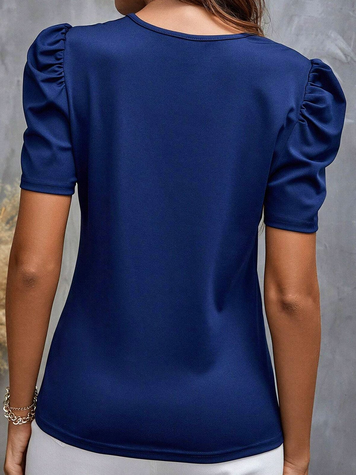 Chemises Plain Été Élégant Col Carré Ample Manches Courtes en Mélangé de Coton Droit Élasticité moyenne pour Femmes