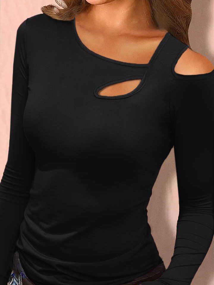 T-shirts Décontracté Plain Printemps / Automne Tricoté Quotidien Asymétrique Manches Longues Mi-long Élasticité moyenne pour Femmes