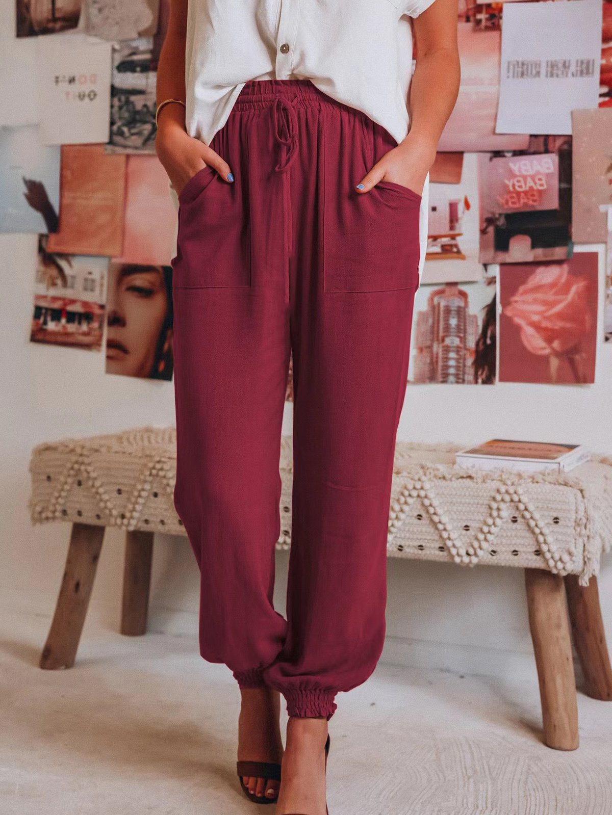 Pantalons Femmes Décontracté Plain Printemps / Automne Polyester Naturel Aucune élasticité Ample Long Régulier