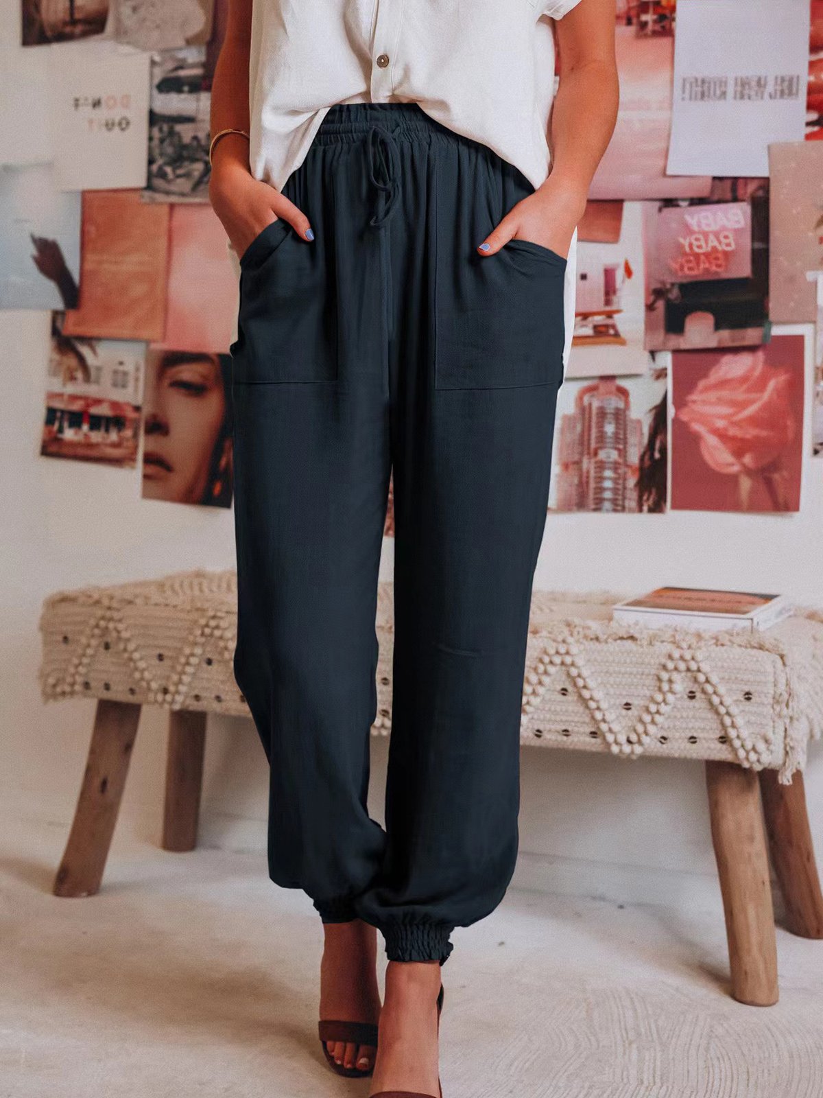 Pantalons Femmes Décontracté Plain Printemps / Automne Polyester Naturel Aucune élasticité Ample Long Régulier