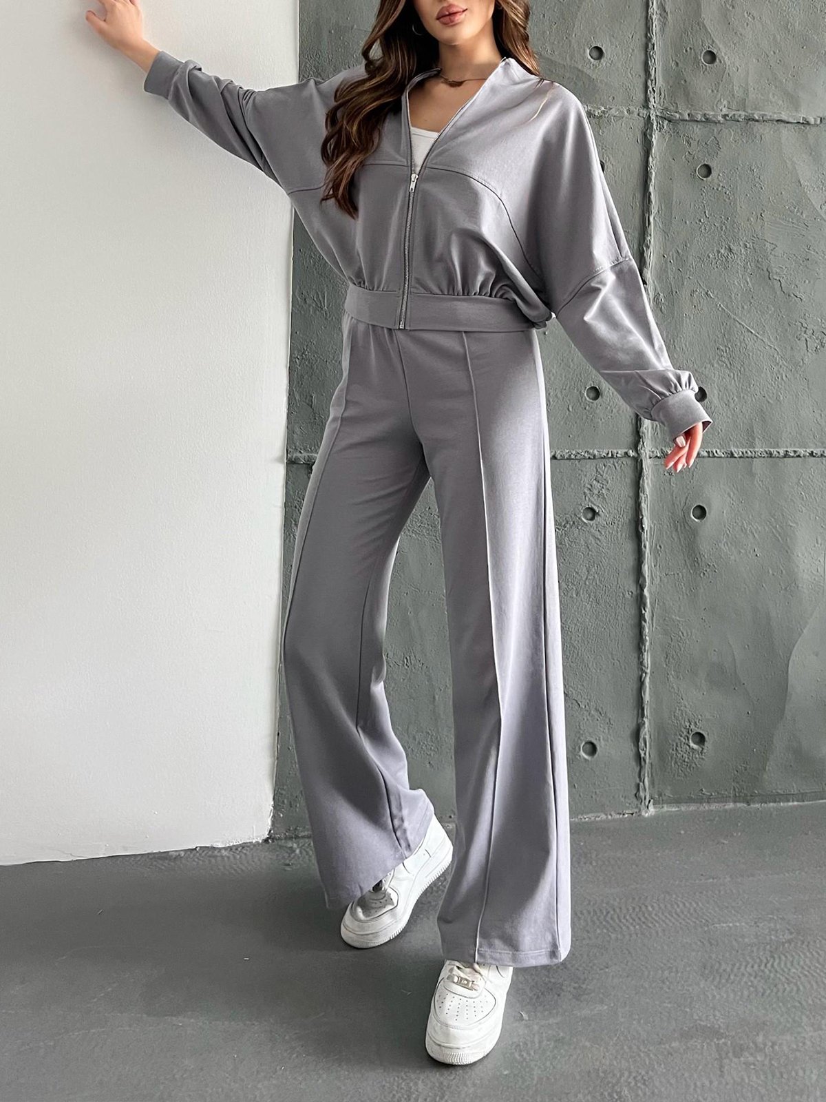 Deux Pièces Ensembles Décontracté Plain Printemps / Automne Polyester Quotidien Coupe Régulière Manches Longues Régulier Élasticité moyenne pour Femmes