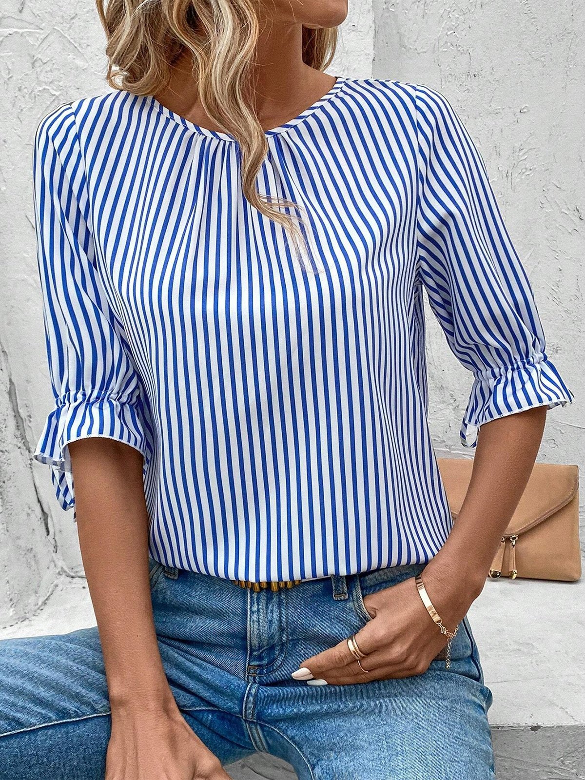 Chemises Rayé Été Simple Coton Aucune élasticité Faire la navette Ample Régulier Droit pour Femmes