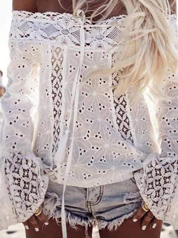 Chemisiers1 Femmes Boho Plain Printemps / Automne Coton Naturel Ample à Épaules Dénudées Droit Bohémien