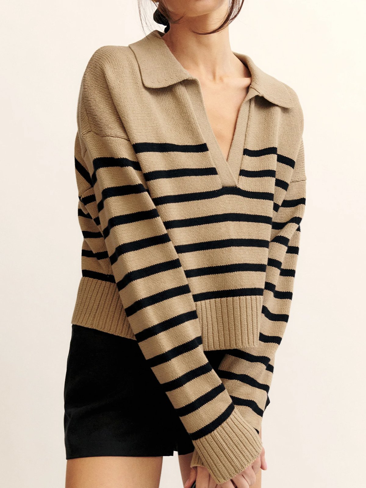 Deux Pièces Ensembles Rayé Décontracté Printemps / Automne Acrylique Naturel Top Avec Pantalons Droit Régulier Élasticité moyenne pour Femmes