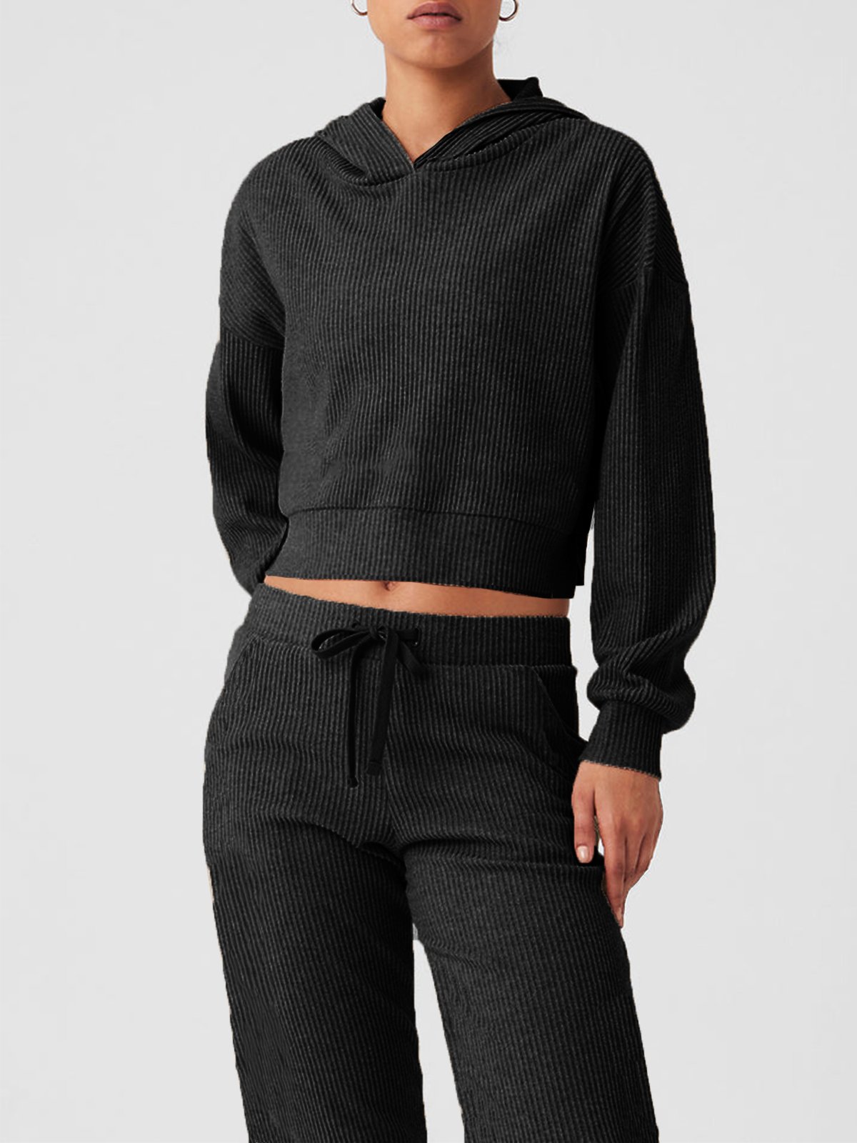 Deux Pièces Ensembles Femmes Décontracté Plain Printemps / Automne Naturel Micro-élasticité Pull-over Top Avec Pantalons Droit Régulier