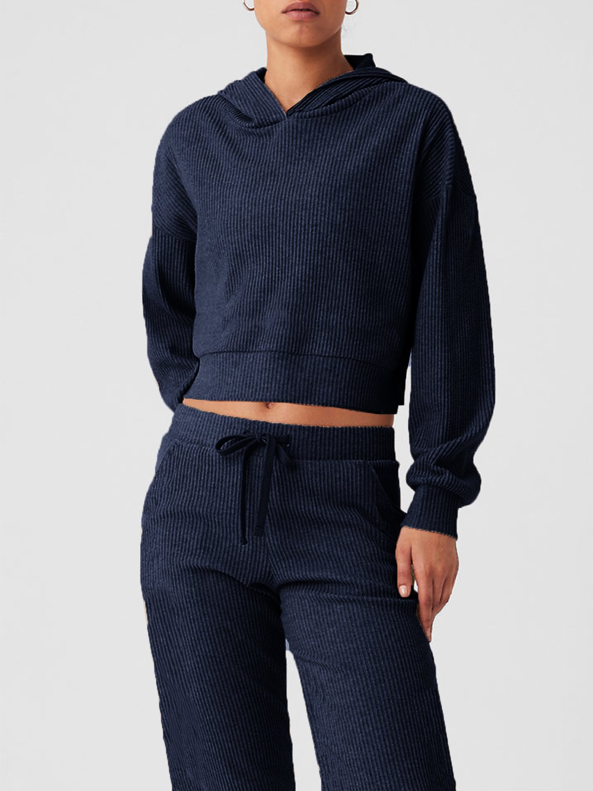 Deux Pièces Ensembles Femmes Décontracté Plain Printemps / Automne Naturel Micro-élasticité Pull-over Top Avec Pantalons Droit Régulier